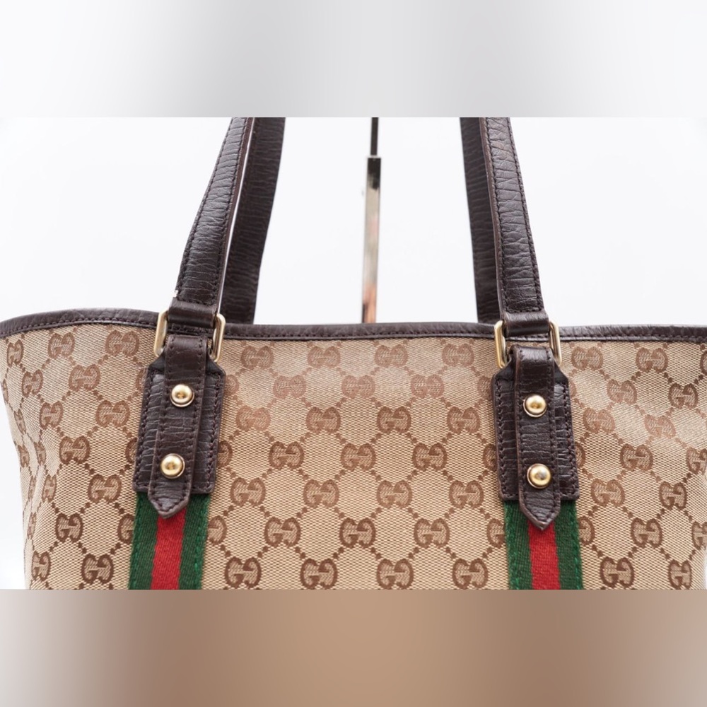 Gucci Beige GG Canvas Tote with Green and Red Web Stripe and Brown Trim - Picture 5 of 16